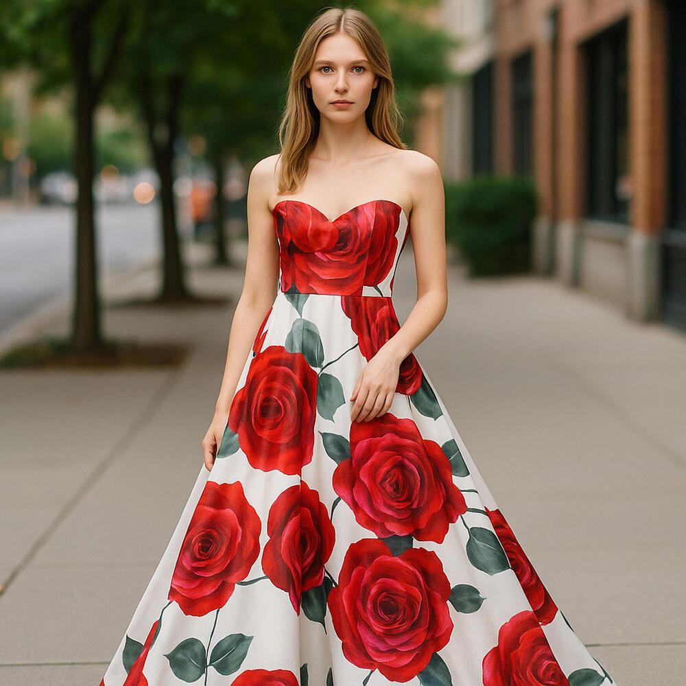 Elegant Strapless Rose Print Dress